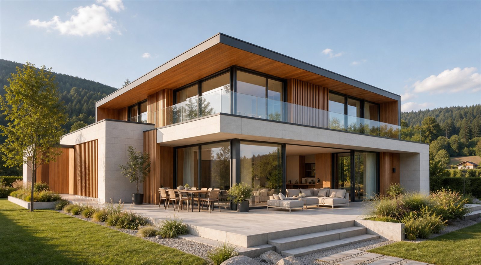 Architektenhaus mit Glas, Holz und klarer Linienführung