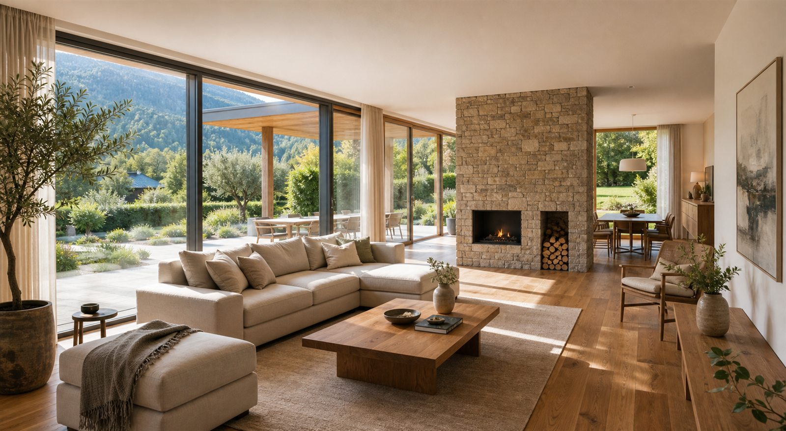 Designerhaus mit lichtdurchflutetem Innenraum und Gartenblick