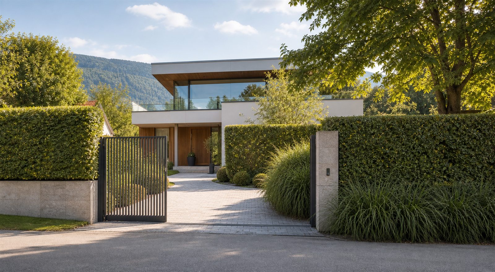 Diskret gelegenes Designerhaus mit moderner Einfahrt und Hecke