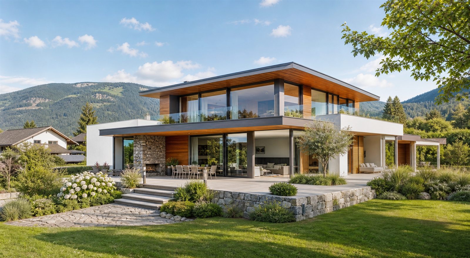 Designerhaus mit moderner Architektur, Glasfront und Garten