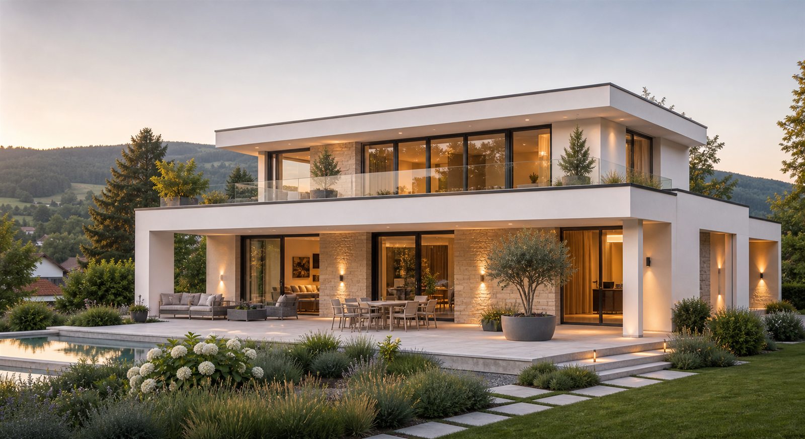 Hochwertige moderne Villa mit klaren Linien und Garten